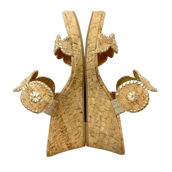 Jack Rogers Wedge Heels Women's 10 Tan Cork Sandals Gold Metallic Open Toe Slide - Picture 2 of 7